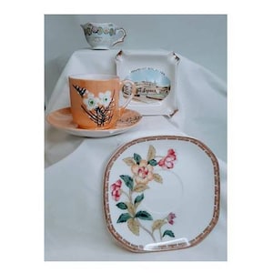 Vintage 1960s Ceramic Mom Pop Coffee Tea Cup Set Saucer Ash Tray Japan