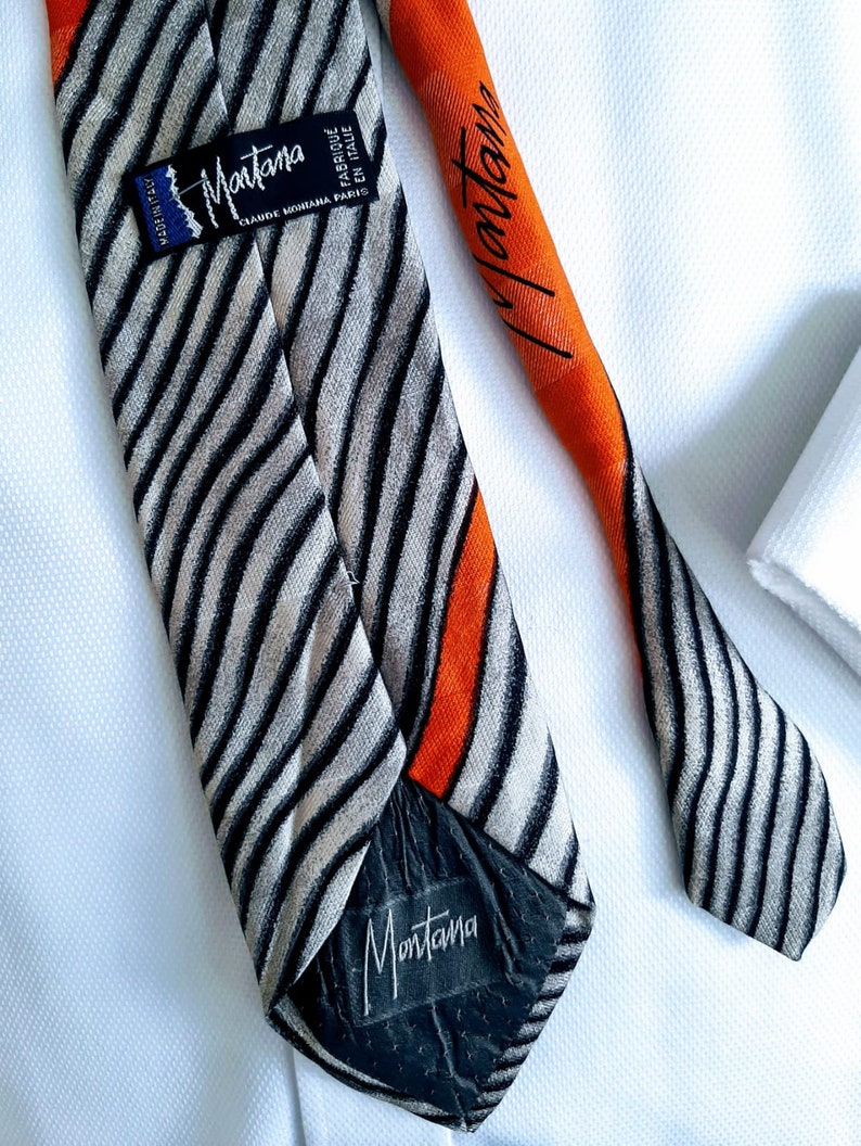 MONTANA Mens Tie Necktie Black Grey Orange Diagonal Stripes 100/% Silk ITALY
