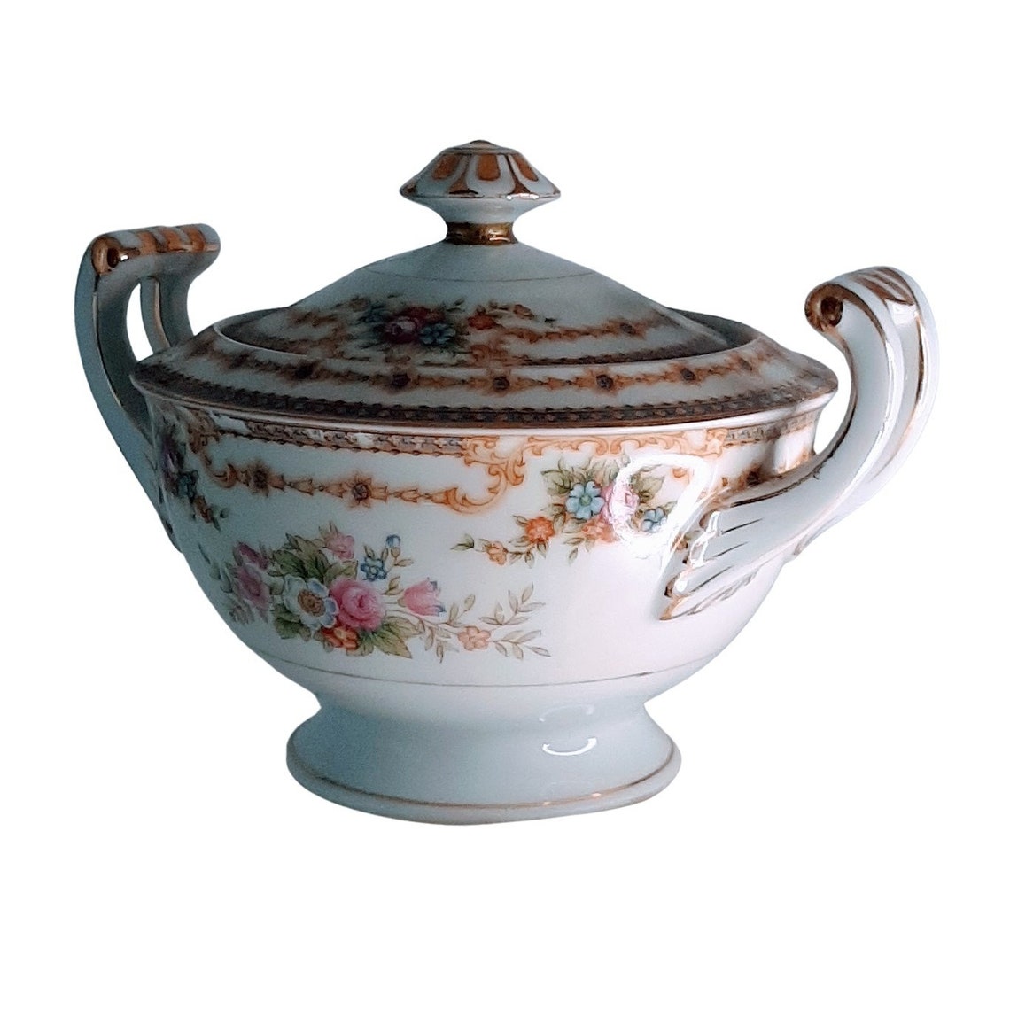 Made in Occupied Japan Sugar Bowl With Lid Hand Painted Gold G in Wreath Vintage Etsy