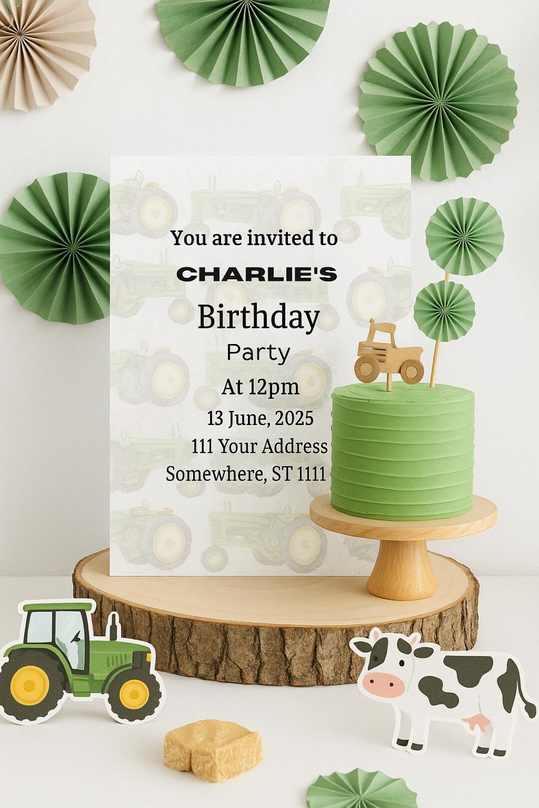 Tractor Birthday Invitation Boy | Farm Party Invite | Editable Green ...