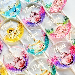 Personalized Tea Party Lollipops with Name • Custom Floral Teacup & Teapot Candy Favors, Baby Shower Edible Party Decor