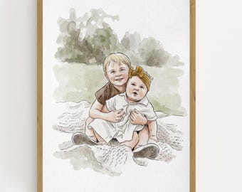 Retrato familiar personalizado en acuarela dibujado a mano a partir de una foto, pintura personalizada para mamá y papá, regalo familiar único