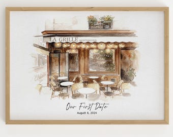 Nuestra primera cita: lámina personalizada en acuarela - Retrato personalizado para restaurante, regalo de aniversario para parejas, regalo para la primera cita, decoración de pared personalizada para cafetería.