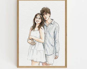 Ilustración personalizada de retrato de pareja / Arte en acuarela para aniversario de bodas (archivo digital)