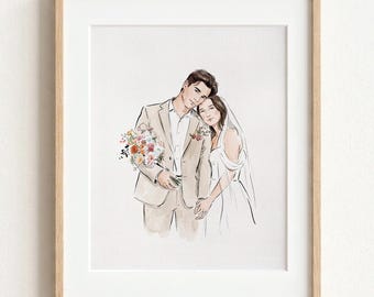 Retrato de pareja personalizado en acuarela dibujado a mano a partir de una foto, obra de arte personalizada para propuesta de matrimonio, regalo de compromiso