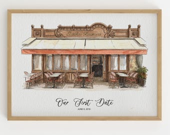 Retrato personalizado del lugar de la primera cita, dibujo personalizado de pareja en acuarela, regalo único de aniversario y San Valentín para ella y para él.