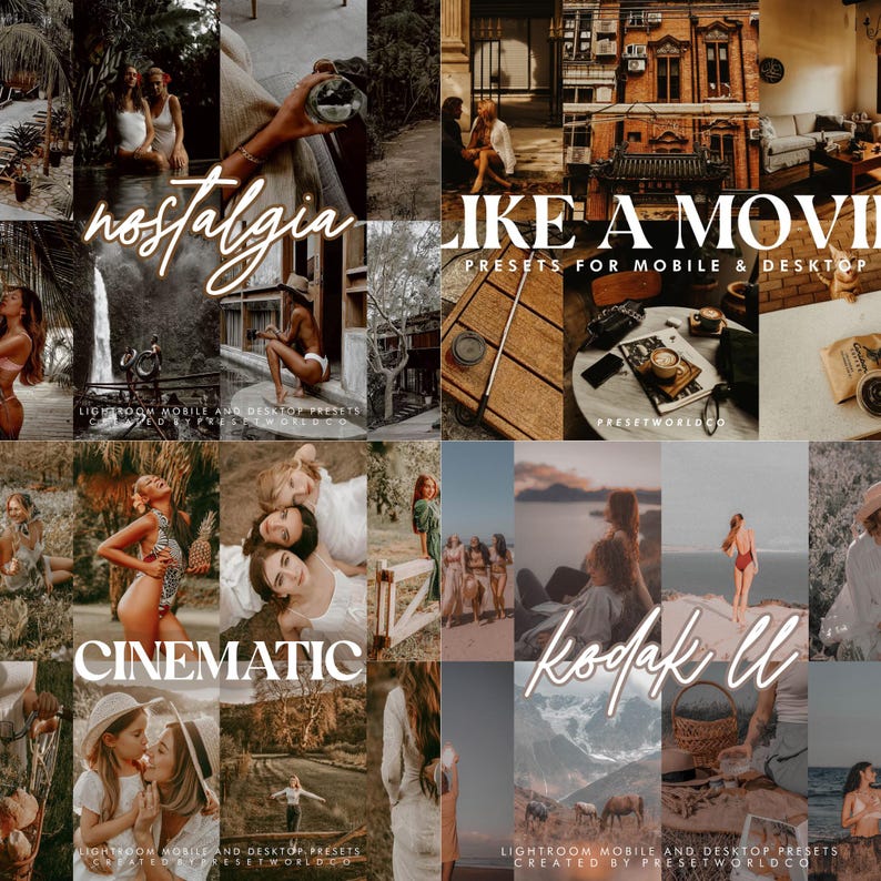 May include: A collage of four images showcasing Lightroom presets for mobile and desktop. The presets are named "Nostalgia", "Like a Movie", "Cinematic", and "Kodak ll".