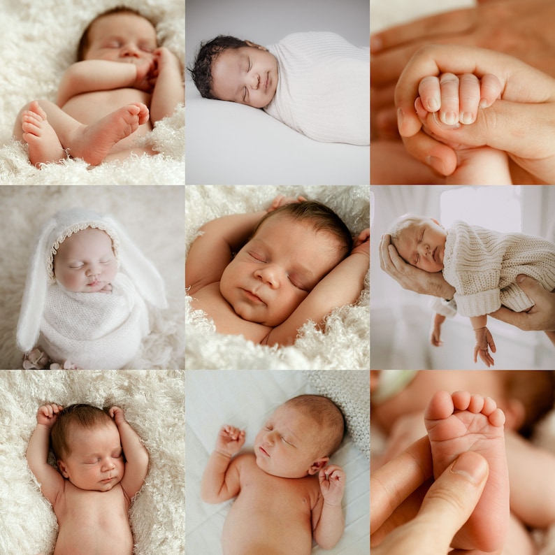 May include: A collage of nine images featuring newborn babies sleeping in various poses. Some babies are wrapped in blankets, while others are lying on their backs or stomachs. The images are all soft and gentle, capturing the innocence of newborns.