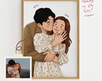 Ilustración de retrato de pareja personalizado, regalo de compromiso, caricatura romántica (dibujo digital, listo en 24 horas)