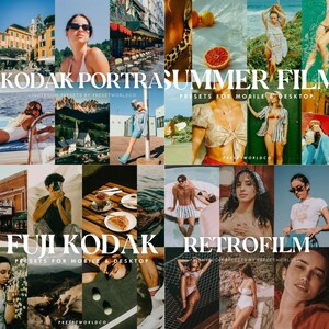 May include: A collage of images showcasing Lightroom presets for mobile and desktop. The presets are designed to give photos a vintage film look. The images feature people, landscapes, and everyday scenes.