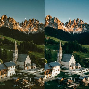 May include: A before and after image showing the difference in colour grading. The image shows a church in a valley with mountains in the background. The before image is a bit dull and the after image is more vibrant.