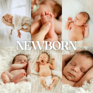 May include: A collection of newborn baby photos featuring a baby sleeping, yawning, and having their foot held. The photos are edited with a warm, soft tone and are perfect for a newborn photography business.