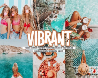 May include: Five Lightroom presets for mobile and desktop, designed to enhance photos with a vibrant summer theme. The presets are titled "Vibrant Summer" and are created by presetworldco.