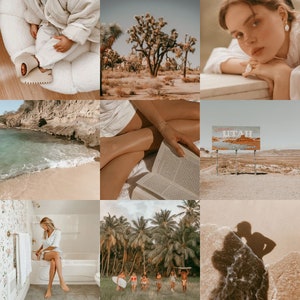 Puede incluir: Un collage de nueve imágenes que muestran varias escenas de naturaleza y viajes. Las imágenes incluyen un paisaje desértico con árboles de Josué, una playa con agua turquesa, una mujer leyendo un libro, una mujer sentada en una bañera, una mujer sentada en una silla blanca esponjosa, un cartel que dice "Bienvenido a Utah", un grupo de personas caminando por una playa y la sombra de una persona en una playa de arena.