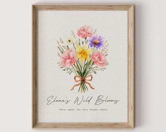 Custom Birth Flower Bouquet Family Portrait Print, Personalized Watercolor Family Flowers Digital Download, Unique Family Gift Wall Art