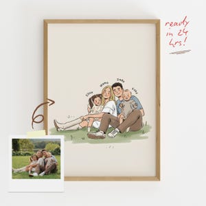 Puede incluir: Ilustración de un retrato familiar enmarcado con cinco personas sentadas en la hierba. La ilustración incluye los nombres de cada miembro de la familia. Las palabras "ready in 24 hrs!" están escritas en rojo. Se adjunta una foto más pequeña.