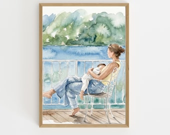 Retrato personalizado de mamá y bebé a partir de una foto, regalo para el primer día de la madre, retrato familiar personalizado en acuarela, recuerdo artístico para la abuela.