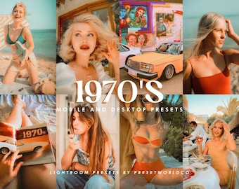 Könnte beinhalten: Ein Set an Lightroom-Presets im Stil der 1970er Jahre für Mobilgeräte und Desktop. Die Presets sind so konzipiert, dass sie Ihren Fotos einen Vintage- und Retro-Look verleihen. Das Bild zeigt eine Auswahl an Fotos, auf denen die Presets angewendet wurden, darunter Fotos von Personen, Autos und Landschaften.