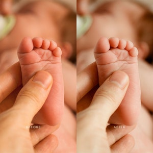 May include: A close-up of a baby's foot being held by a hand. The baby's foot is pink and has small wrinkles. The hand is holding the foot gently.