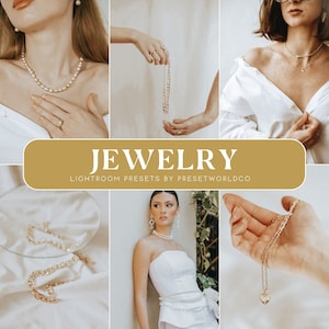 Op de afbeelding: Een verzameling sieradenpresets voor Lightroom. De presets zijn ontworpen om het uiterlijk van sieradenfoto's te verbeteren, waardoor ze levendiger en aantrekkelijker worden. De presets zijn perfect voor fotografen, sieradenontwerpers en iedereen die prachtige sieradenfoto's wil maken.