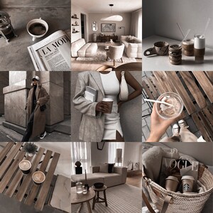 Puede incluir: Un collage de imágenes que presentan varios elementos de diseño de interiores, incluyendo un sofá blanco, una mesa de madera, una cesta de mimbre y una variedad de tazas y jarras de café. Las imágenes están todas en una paleta de colores neutres, con un enfoque en el diseño minimalista.