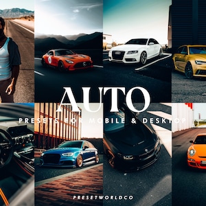 Puede incluir: Un collage de imágenes con varios coches, incluyendo un coche deportivo rojo, un sedán blanco, un sedán amarillo, un sedán azul, un sedán negro y un coche deportivo naranja. El texto "AUTO PRESETS FOR MOBILE & DESKTOP" se muestra en letras blancas sobre un fondo negro.