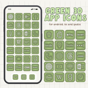 May include: A collection of green 3D app icons for Android, iOS, and iPadOS. The icons feature popular apps such as Instagram, Netflix, Hulu, and more.