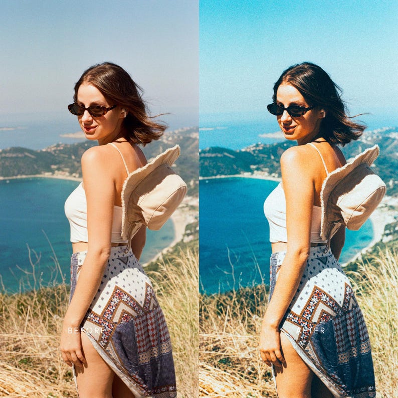 May include: A woman wearing a white vest top and a patterned skirt stands on a grassy hill overlooking a blue body of water. She is wearing sunglasses and a straw hat. The image is split in half, with the left side showing the original image and the right side showing the image after being edited.