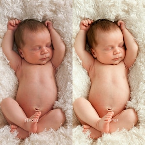 May include: A before and after image of a baby sleeping on a white fluffy blanket. The image on the left shows the original image, while the image on the right shows the edited image with enhanced skin tones and brightness.