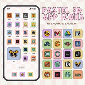 May include: A screenshot of a smartphone displaying a collection of pastel-colored app icons. The icons are arranged in a grid pattern and feature popular apps such as Instagram, Netflix, and Uber. The text "PASTEL 3D APP ICONS" is displayed at the top of the screen, along with the phrase "for android, ios and ipads".