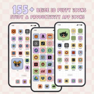 155+ iOS Android Puffy 3D Doodle Icons, Custom Widgets, 3D App Icons Pack, Hand-drawn School Work Icons, Pastel Cute Phone Icons for IOS 18