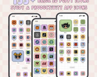 Más de 155 íconos de aplicaciones 3D pastel, pantalla de inicio personalizada para iOS y Android (descarga digital)