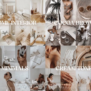 May include: A collage of 16 images showcasing different Lightroom presets. The presets are named 'Home Interior', 'Cocoa Brown', 'Minimales', and 'Cream Tones'. The images feature a variety of subjects, including interior design, fashion, and nature. The presets are designed to create a warm, inviting, and aesthetically pleasing look.