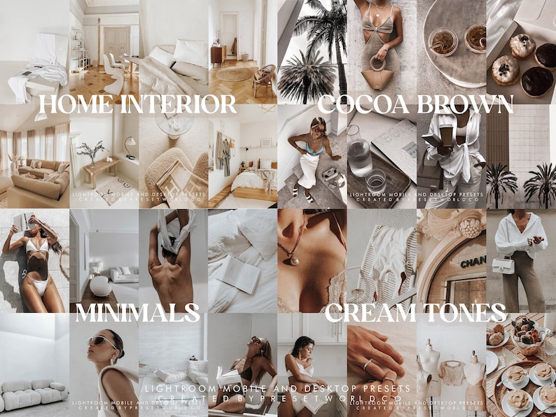 May include: A collage of 16 images showcasing different Lightroom presets. The presets are named 'Home Interior', 'Cocoa Brown', 'Minimales', and 'Cream Tones'. The images feature a variety of subjects, including interior design, fashion, and nature. The presets are designed to create a warm, inviting, and aesthetically pleasing look.