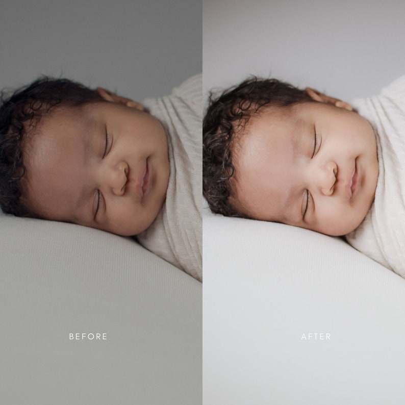 May include: A side-by-side comparison of a before and after photo of a sleeping baby. The before photo shows the baby with a slightly darker complexion, while the after photo shows the baby with a lighter complexion.