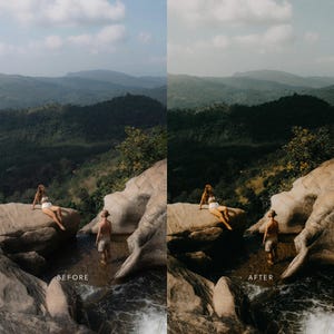 May include: A before and after image showing the difference in colour and contrast of a photo. The before image is a bit washed out and the after image has more vibrant colours and contrast. The image shows a couple standing on a rock overlooking a valley.
