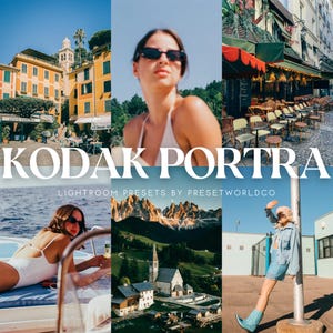 May include: A set of Lightroom presets called "Kodak Portra" by presetworldco. The presets are designed to give photos a vintage film look. The image shows four different photos that have been edited with the presets. The photos show a woman in a white swimsuit on a boat, a woman in a white tank top, a woman in a blue denim shirt and skirt, and a view of a small town in the mountains.