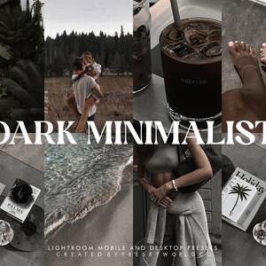 Peut inclure: Un collage d'images sur le thème du minimalisme sombre. Les images comprennent un couple dans une forêt, un verre de café glacé, une femme portant un haut gris et un sac noir, et une scène de plage avec un magazine sur une table.