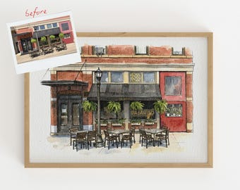 Retrato de lugar de primera cita, ilustración de pareja personalizada, acuarela, aniversario personalizado, regalo de San Valentín