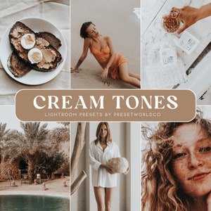 May include: A collage of images showcasing a collection of Lightroom presets called "CREAM TONES" by PRESETWORLDCO. The images feature a variety of subjects, including a woman in a white shirt, a woman in an orange dress, a woman with red hair, and a plate of toast with eggs.