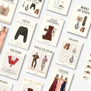 May include: A collage of images featuring various fashion items and outfit ideas. The images include a brown sweater, a brown dress, a red crop top, a pair of brown sandals, and a brown bag. The text on the images includes "New Favorite", "Get the Look - Amazon Finds Edition", "What I'd Wear - Basic Outfit Edition", "Top Finds", "In My Cart", "Amazon", and "Boho Outfits".