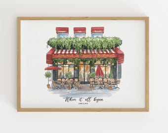 Retrato personalizado del lugar de la primera cita / Dibujo en acuarela del lugar de la cita / Regalo de aniversario personalizado / Regalo de pintura personalizada para parejas