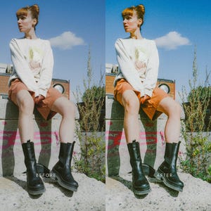 May include: A woman wearing a white shirt with a graphic print and brown shorts. She is wearing black boots and is sitting on a concrete ledge. The image is split into two sections, with the left side showing the woman before editing and the right side showing the woman after editing.
