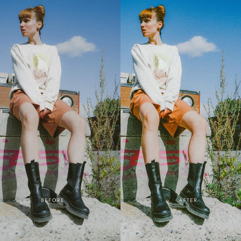 May include: A woman wearing a white shirt with a graphic print and brown shorts. She is wearing black boots and is sitting on a concrete ledge. The image is split into two sections, with the left side showing the woman before editing and the right side showing the woman after editing.