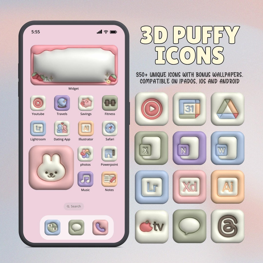 Pastel 3D Puffy App Icons 350 Custom Icons for IOS 18, Ipad, Android