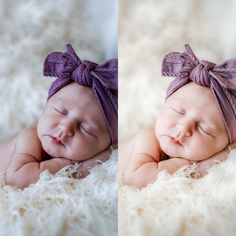 May include: A sleeping baby wearing a purple knotted headband on a white fluffy surface. The baby is lying on its side with its head resting on its arm. The image shows a before and after comparison of the same photo.