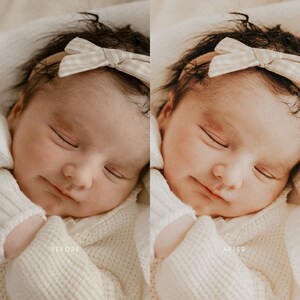 May include: A close-up of a sleeping baby wearing a white knitted outfit and a beige and white gingham bow headband. The baby's eyes are closed and the baby's mouth is slightly open. The image is split into two sections, with the left side showing the original image and the right side showing the edited image.