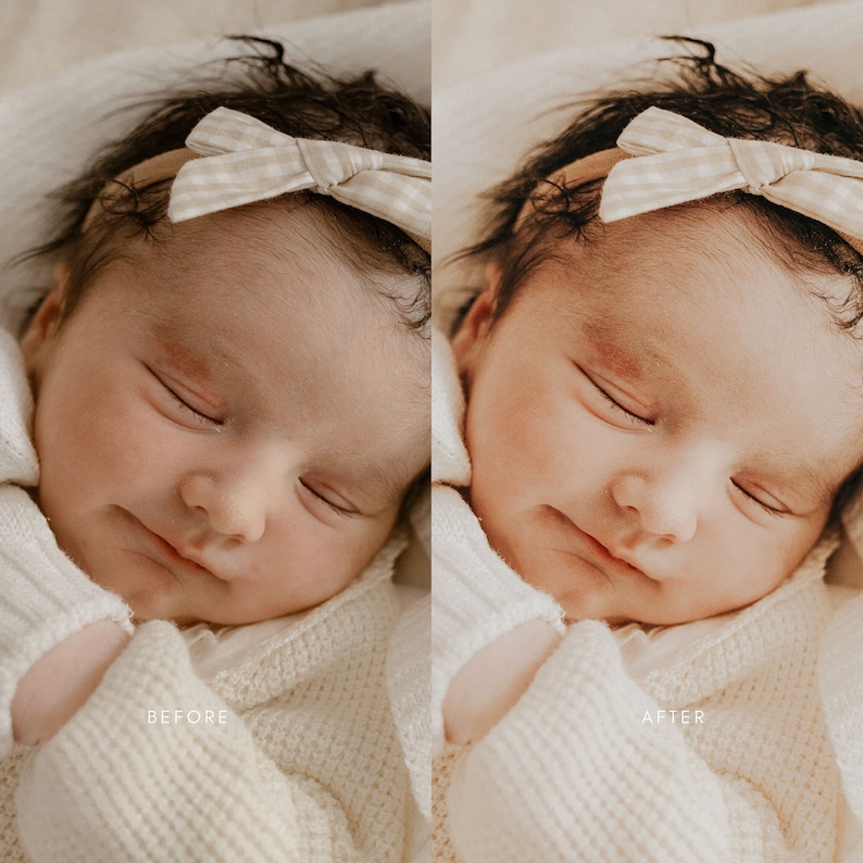 May include: A close-up of a sleeping baby wearing a white knitted outfit and a beige and white gingham bow headband. The baby's eyes are closed and the baby's mouth is slightly open. The image is split into two sections, with the left side showing the original image and the right side showing the edited image.
