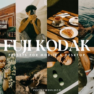 Puede incluir: Un collage de imágenes que muestran una variedad de estilos de fotografía, incluyendo una foto de estilo vintage de un edificio, un primer plano de una taza de café, una persona nadando en un cuerpo de agua, una persona acostada sobre una superficie verde y una persona con calcetines y zapatos blancos. El texto "FUJI KODAK PRESETS FOR MOBILE & DESKTOP PRESETWORLDCO" se muestra en el centro del collage.