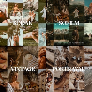May include: A collage of images showcasing Lightroom mobile and desktop presets with the names "Kodak", "Sofilm", "Vintage", and "Portrayal". The presets are designed to give photos a vintage, film-like look.